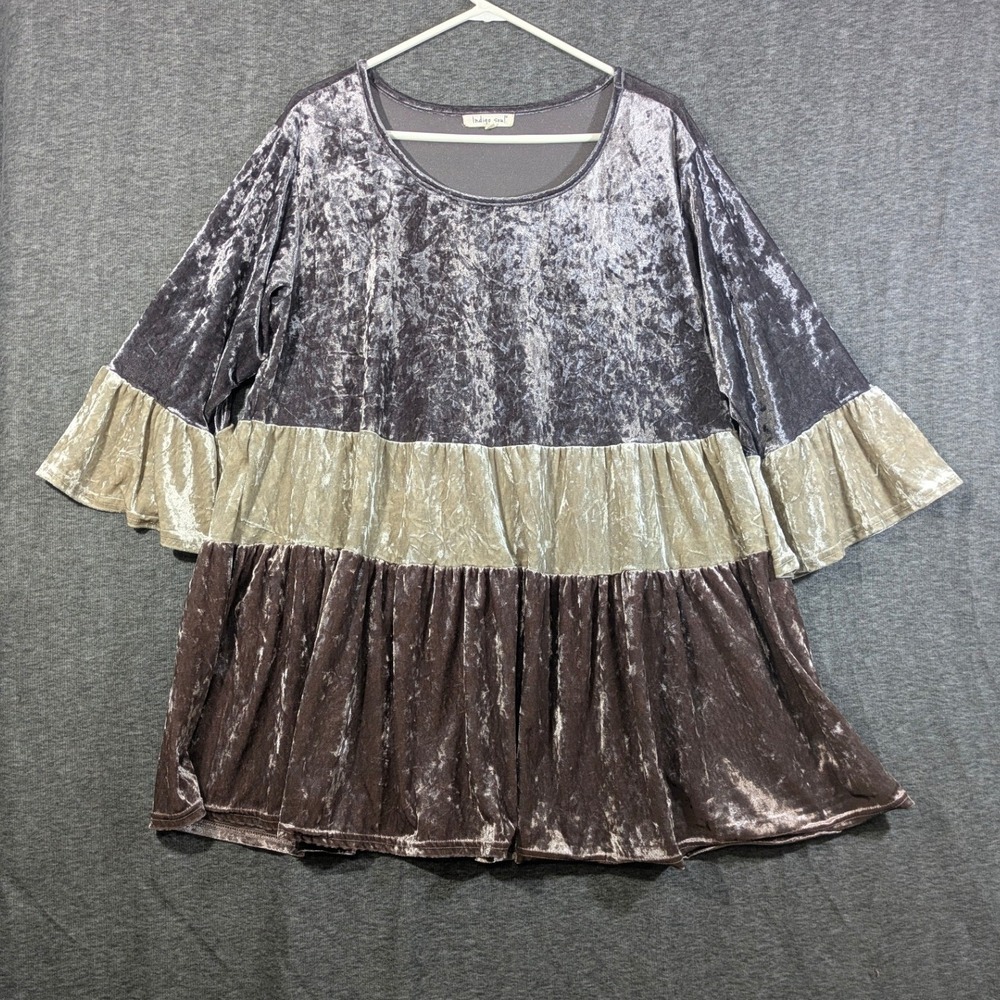 Indigo Soul Crushed Velvet Colorblock Bell Sleeve Babydoll Boho Dress Size 2XL